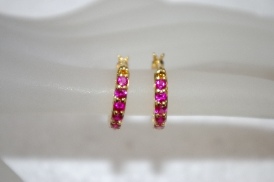 +MBA #19-192  14K Over Silver Created Ruby Small Hoops