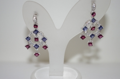 +MBA #19-229  Platinum Plated Iolite, Rhodolite & White Zircon Dangle Earrings