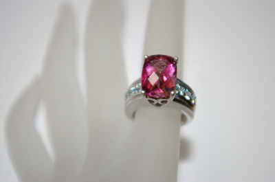 +MBA #19-551  Platinum Plated Cushion Cut Rhodolite & Blue Zircon Ring