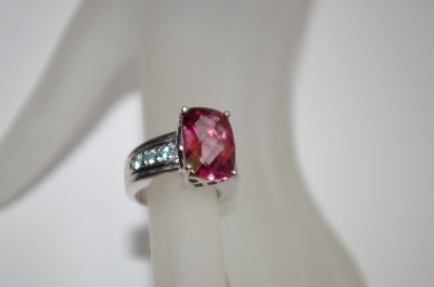 +MBA #19-551  Platinum Plated Cushion Cut Rhodolite & Blue Zircon Ring