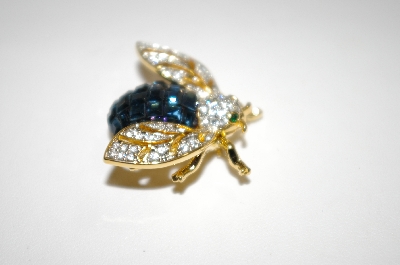 +MBA #19-434  Gold Plated Blue & Clear Crystal Bee Pin