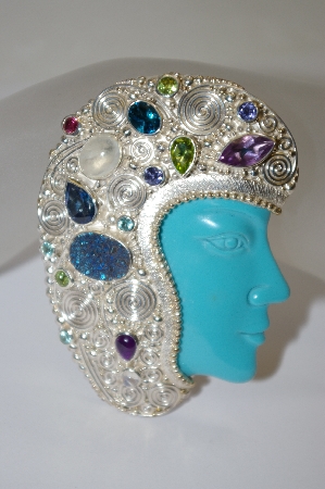 +MBA #19-459  " Sajen Sterling Turquoise Face & Multi Gem Pin/Pendant
