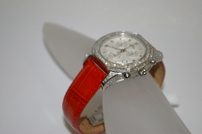 +MBA #19-638  Lucien Piccard 2ct  Diamond Red Leather Strap Watch