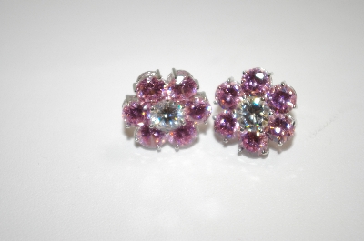 +MBA #19-172  Designer "FAS" Pink & Clear CZ Flower Earrings