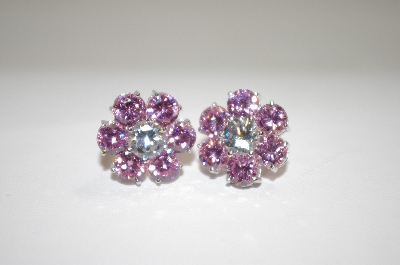 +MBA #19-172  Designer "FAS" Pink & Clear CZ Flower Earrings