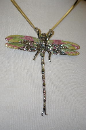 +MBA #19-011  Designer Crystal & Enameled Pink And Green Dragonfly Pin/Pendant