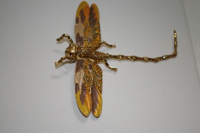 +MBA #19-007  Gold & Brown Enameled Crystal Dragonfly Pin/Pendant 