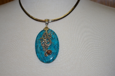 +MBA #19-258  Large Turquoise & Silver Pendant With Garnet & 16"  Chain