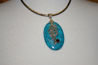 +MBA #19-258  Large Turquoise & Silver Pendant With Garnet & 16"  Chain