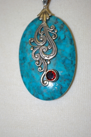 +MBA #19-258  Large Turquoise & Silver Pendant With Garnet & 16"  Chain