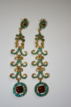 +MBA #20-639  Long Green Crystal & Topaz Colored Dangle Earrings