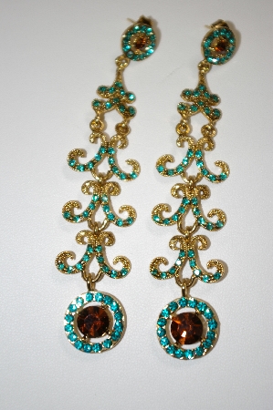 +MBA #20-639  Long Green Crystal & Topaz Colored Dangle Earrings