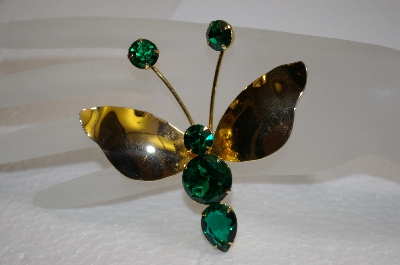 +MBA #20-543  "Gold Plated Green Crystal Butterfly Pin