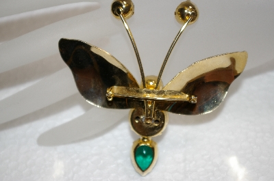 +MBA #20-543  "Gold Plated Green Crystal Butterfly Pin