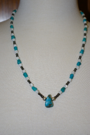 +MBA #20-184  Blue Turquoise Nugget,Mother Of Pearl & Hemalyke Bead Necklace
