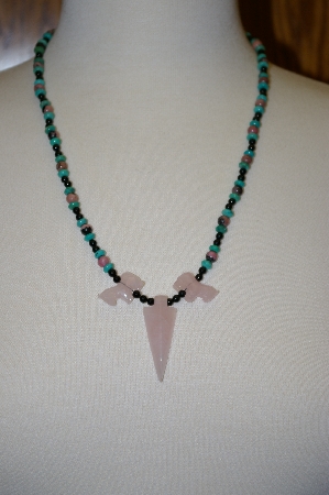 +MBA #20-120  Rose Quartz,Green Turquoise,Black Onyx & Rhodonite Bead Necklace