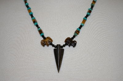 +MBA #20-127  Hand Strung Turquoise,Tiger Eye & Black Onyx Necklace