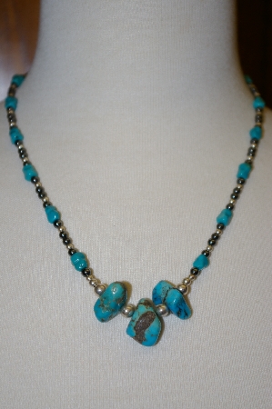 +MBA #20-178  Hand Strung Blue Turquoise Nugget, Hemalyke & Sterling Bead Necklace