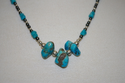 +MBA #20-178  Hand Strung Blue Turquoise Nugget, Hemalyke & Sterling Bead Necklace