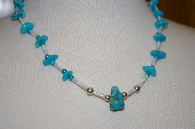 +MBA #20-160  Hand Strung Blue Turquoise & Mother Of Pearl Necklace