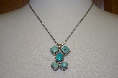 +MBA #20-205  5 Stone Blue Turquoise Sterling Pendant With Heavy 18" Chain