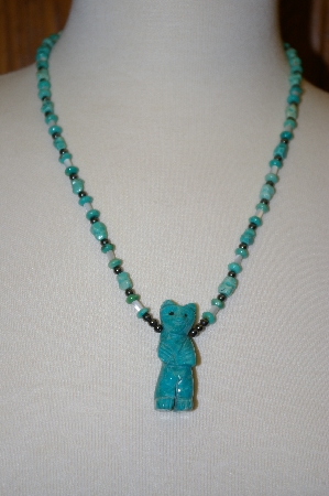 +MBA #20-530  Blue Turquoise, Mother Of Pearl, Hemalyke Carved Bear Necklace