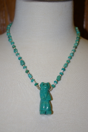 +MBA #20-533 Blue Turquoise,Mother Of Pearl Sterling Hand Carved Bear Necklace