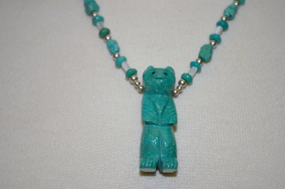 +MBA #20-533 Blue Turquoise,Mother Of Pearl Sterling Hand Carved Bear Necklace