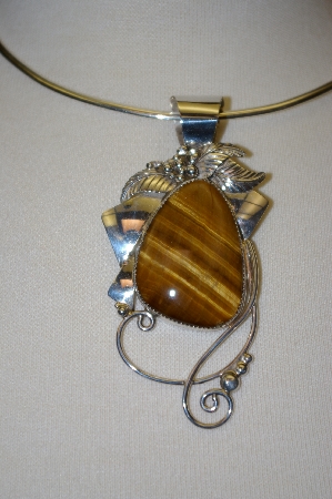 +MBA #20-757  Large Artist Signed Sterling Tiger Eye Pendant