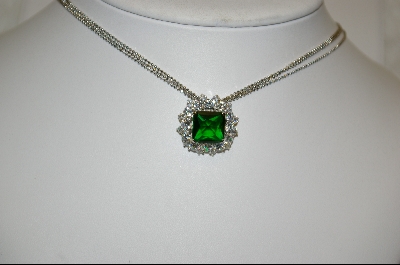 +MBA #23-414  Charles Winston Simulated Emerald & Clear CZ Necklace With Three Strand Chain
