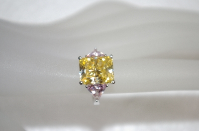 +MBA #20-085  Charles Winston Canary Yellow & Pink Trillion Cut CZ Ring