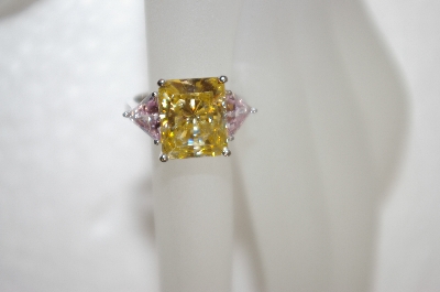 +MBA #20-085  Charles Winston Canary Yellow & Pink Trillion Cut CZ Ring