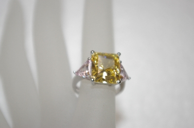 +MBA #20-085  Charles Winston Canary Yellow & Pink Trillion Cut CZ Ring