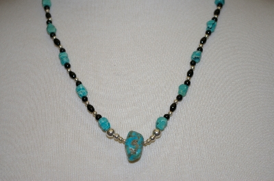 +MBA #20-150  Blue Turquoise, Black Onyx & Sterling Bead Necklace