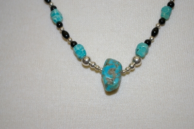 +MBA #20-150  Blue Turquoise, Black Onyx & Sterling Bead Necklace