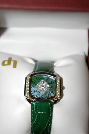 +MBA #21-062   2003 Ladies Lucien Piccard Peridot Green Leather Strap Watch