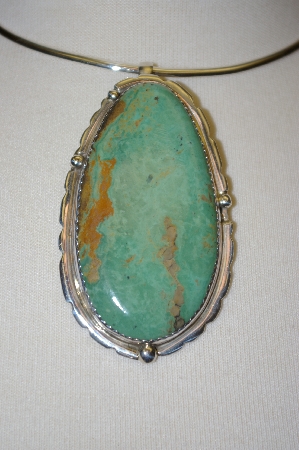+MBA #21-806   "Artist Signed "E&C Fierro" Large Green Turquoise Sterling Pendant