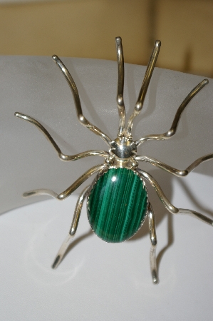 +MBA #21-621  Artist Signed "E. Spencer" Large Sterling Malachite Spider Pin