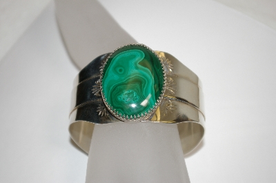 +MBA #21-740  Artist Signed "Arrow Symbol With "G" Beautiful Malachite Sterling Cuff Bracelet