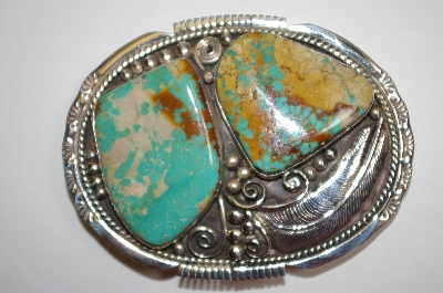 +MBA #21-816  Fancy Green Turquoise 2 Stone Sterling Belt Buckle