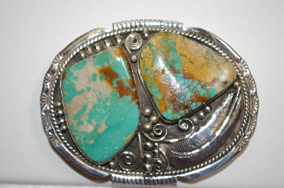 +MBA #21-816  Fancy Green Turquoise 2 Stone Sterling Belt Buckle