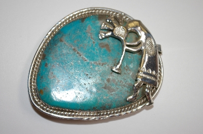 +MBA #21-795  "Artist Signed "J" Beautiful Blue Turquoise Sterling Hopi Belt Buckle