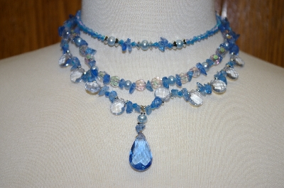 +MBA #21-059  Mystique Of New York Blue Gemstone & Acrylic Bead 3 Row Necklace