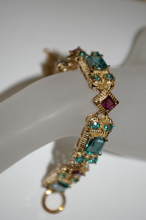 +MBA #21-553  14K Gold Vermeil 7" Green Topaz & Garnet Bracelet