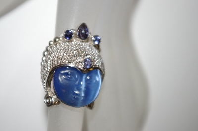 +MBA #21-578  Sterling Blue Fiber Optic Hand Carved Face & Iolite Ring
