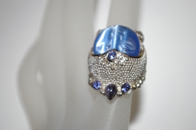 +MBA #21-578  Sterling Blue Fiber Optic Hand Carved Face & Iolite Ring