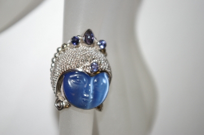 +MBA #21-578  Sterling Blue Fiber Optic Hand Carved Face & Iolite Ring