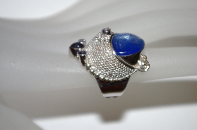 +MBA #21-578  Sterling Blue Fiber Optic Hand Carved Face & Iolite Ring
