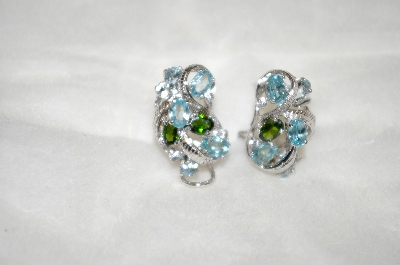+MBA #21-385  Platinum Plated Silver Aquamarine,Zircon & Chrome Diopside Earrings
