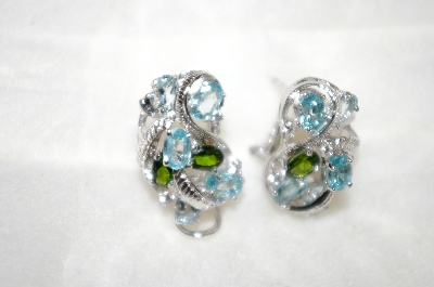 +MBA #21-385  Platinum Plated Silver Aquamarine,Zircon & Chrome Diopside Earrings